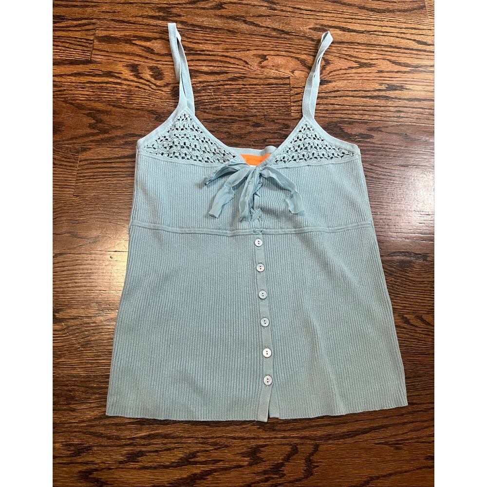 Cynthia Steefe Vintage Blue Crochet Knit Top Size XL Silk/ Cotton minimalist